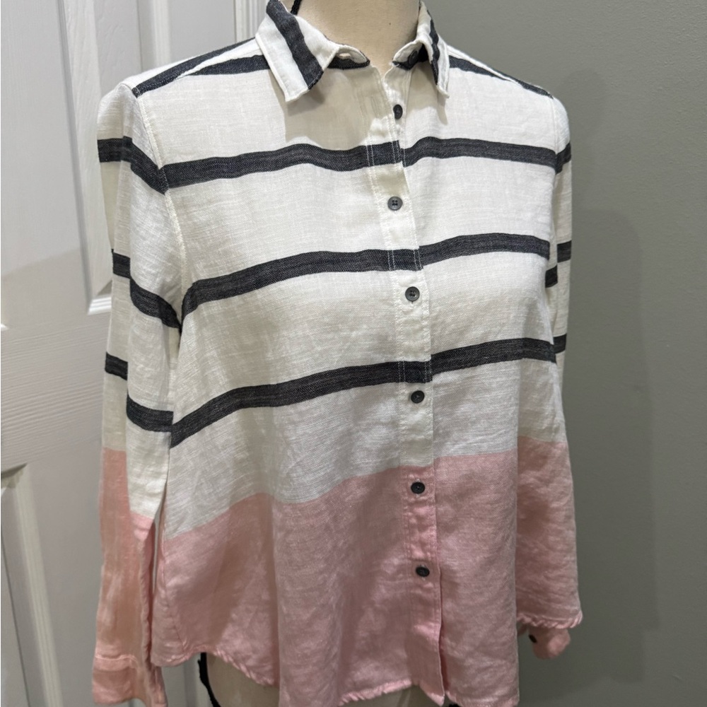 Lou & Grey Striped Button-Down Shirt in Black, White, and Pink